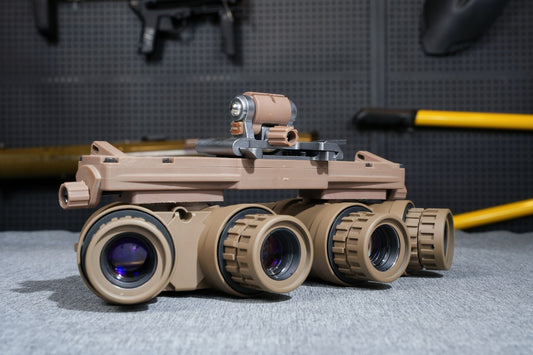 Tan Kaelor KPNVG-18 ANVIS quad-tube panoramic night vision, angled front view