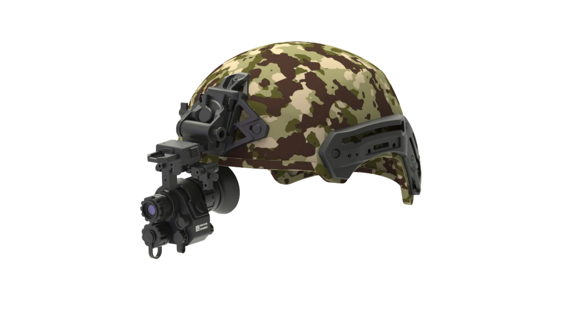 ADNV G14P2 digital monocular shown from the side on a helmet mount