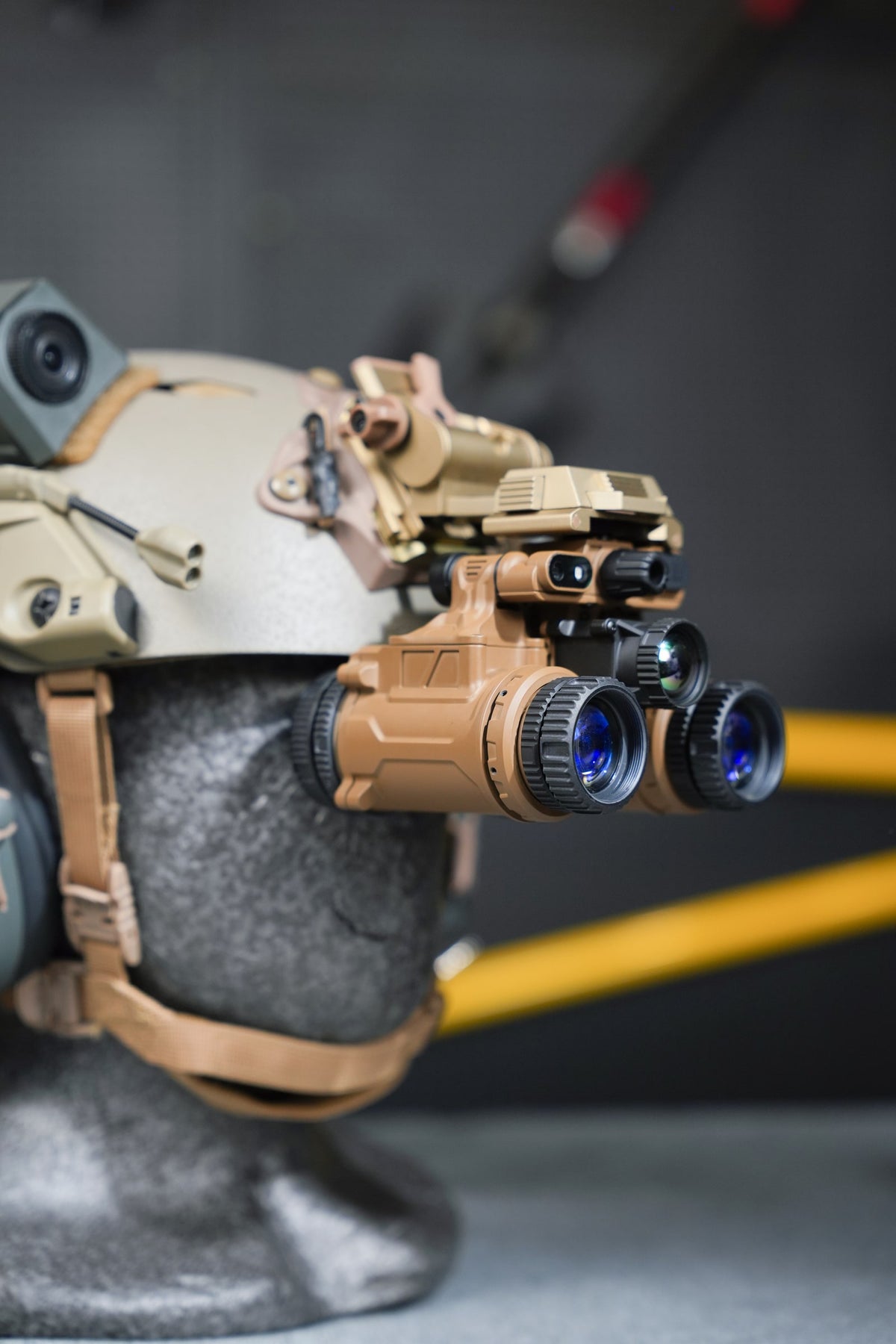 Tan ELF-FB20 Jerry-FB 2.0 fusion binocular mounted on a helmet, angled view