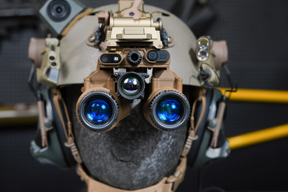 Tan ELF-FB20 Jerry-FB 2.0 fusion binocular mounted on a helmet, front view