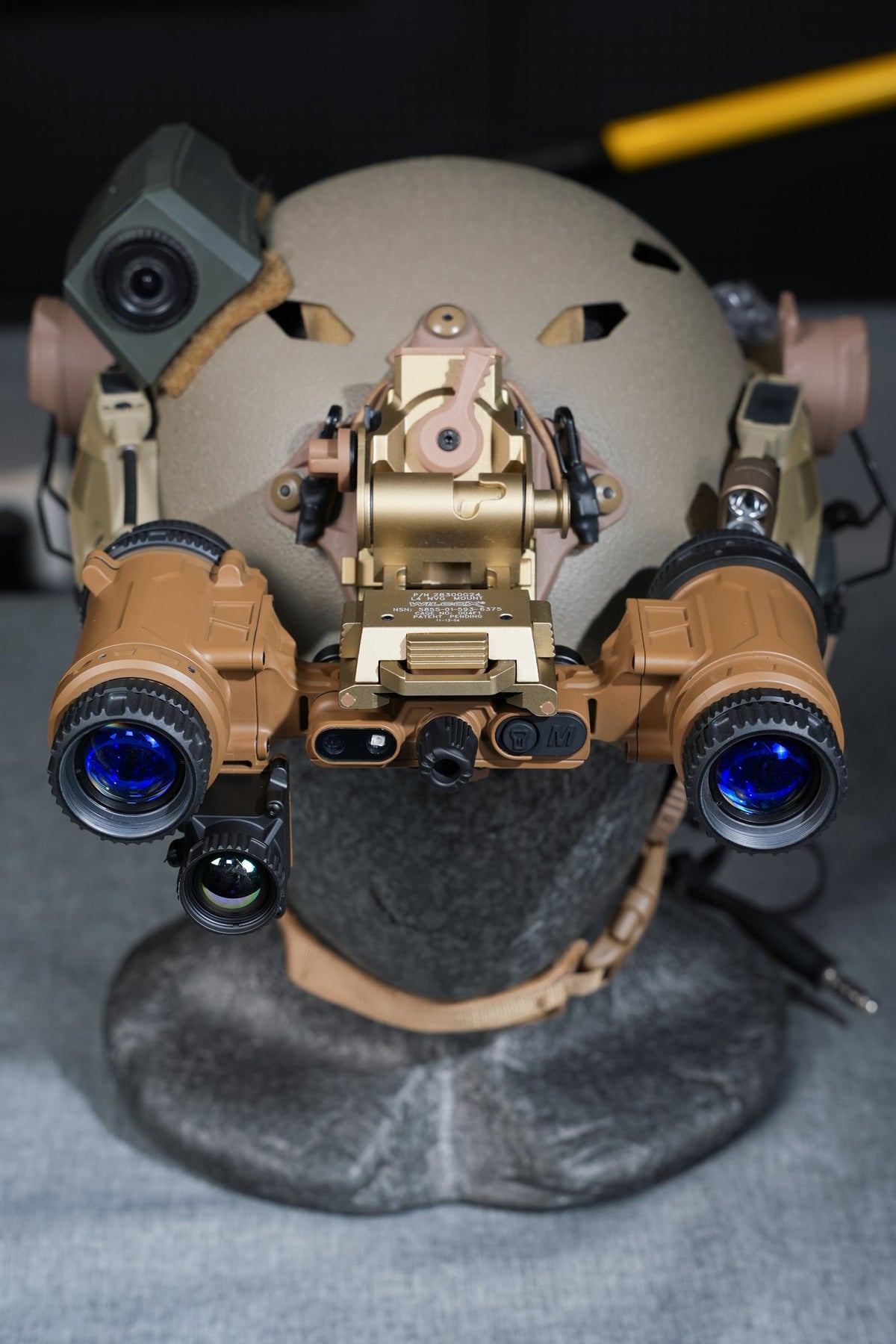 Tan ELF-FB20 Jerry-FB 2.0 fusion binocular mounted on a helmet, rear view