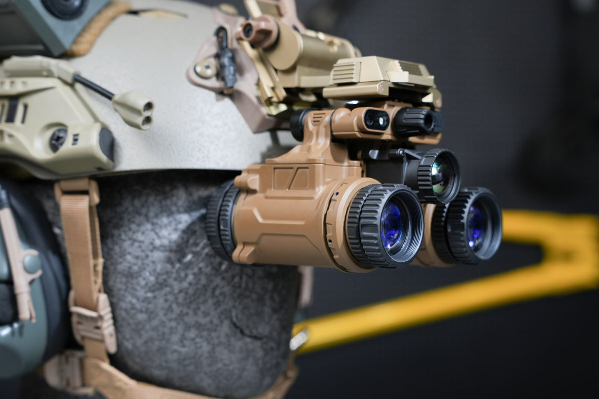 Tan ELF-FB20 Jerry-FB 2.0 fusion binocular mounted on a helmet, side view