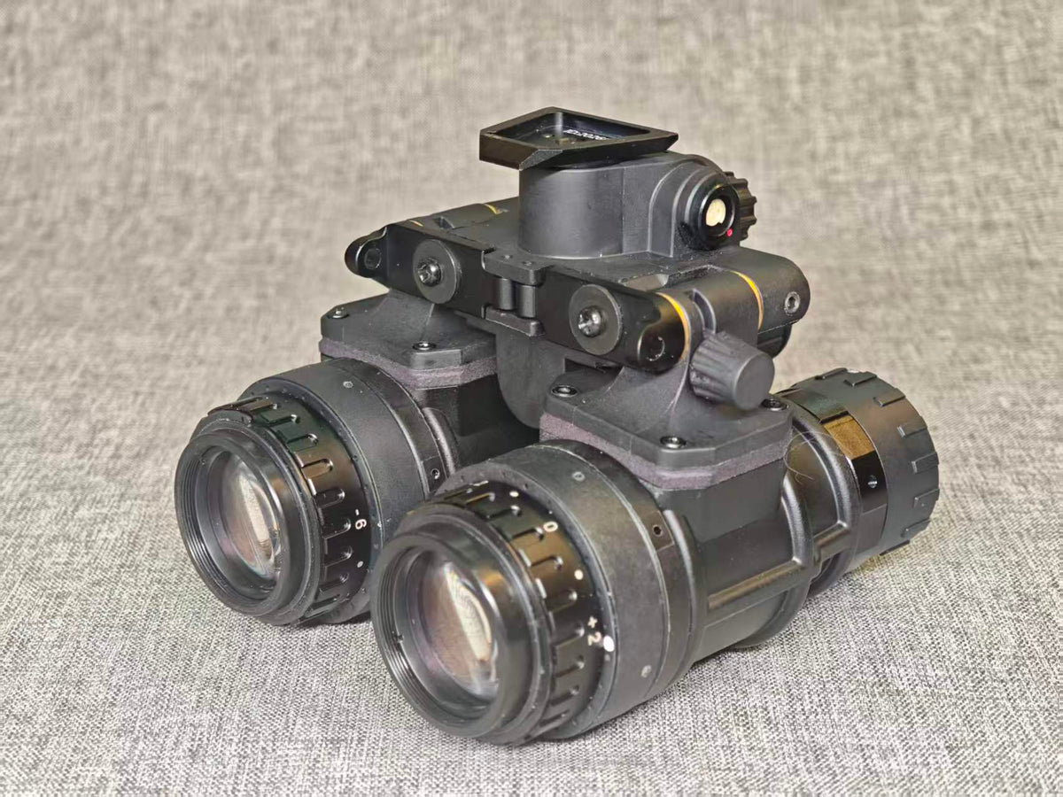 Kaelor Works BNVD-1431 binocular, rear angled view of bridge, pods and eyepieces