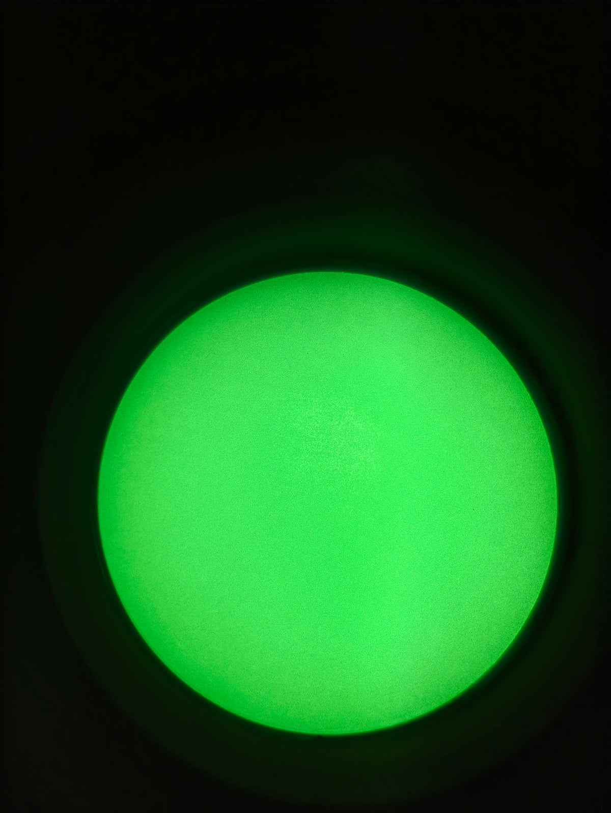 New through-tube photograph showing a green-phosphor field in the Kaelor Works BNVD-1431 ATOM binocular. This photograph is not a laboratory measurement.