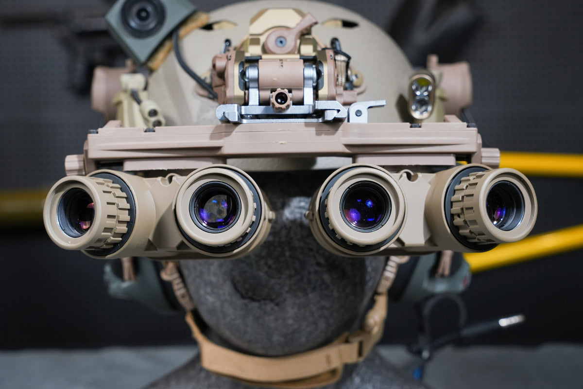 Tan Kaelor KPNVG-18 ANVIS panoramic NVG mounted on a helmet, front view