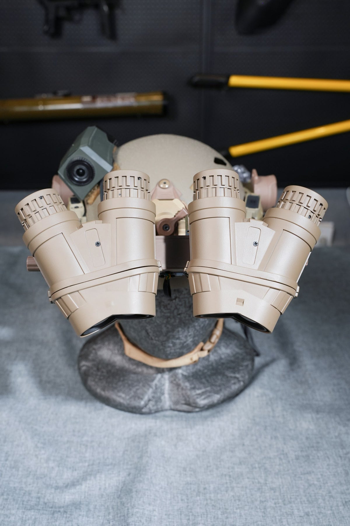 Tan Kaelor KPNVG-18 ANVIS panoramic NVG mounted on a helmet, rear view