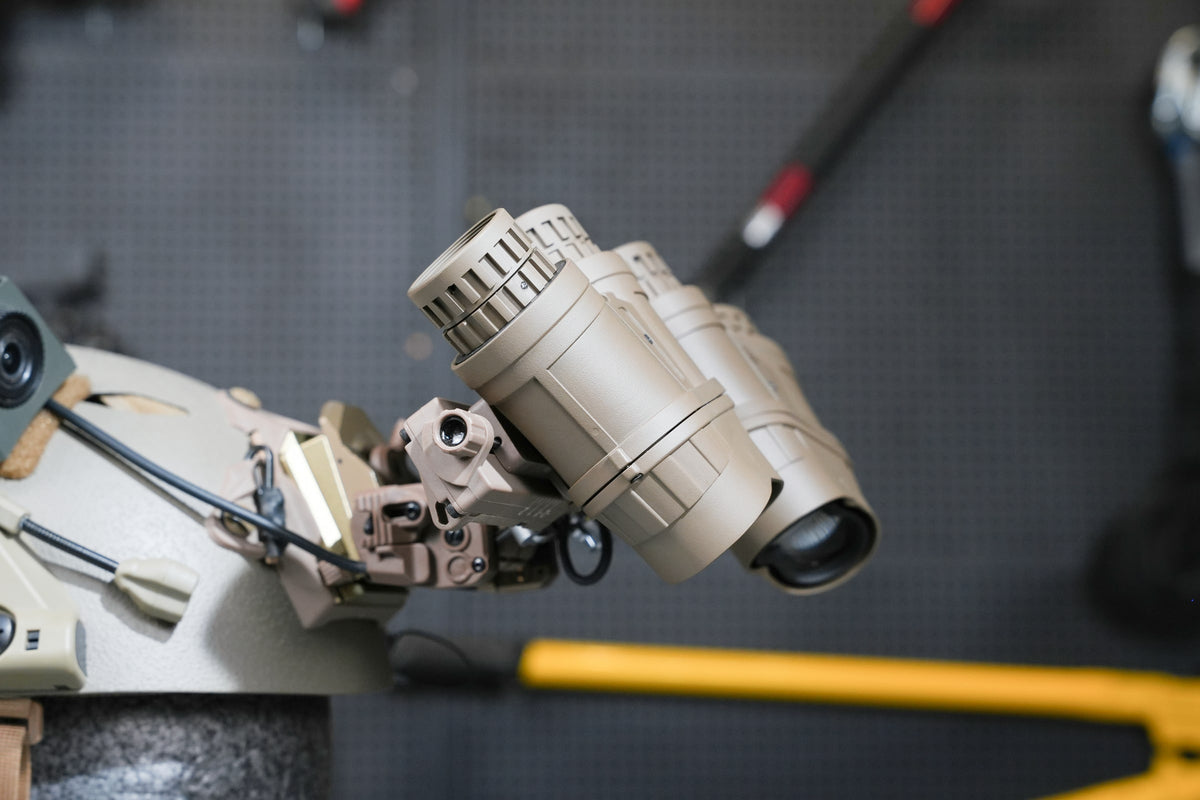 Tan Kaelor KPNVG-18 ANVIS panoramic NVG in the raised position
