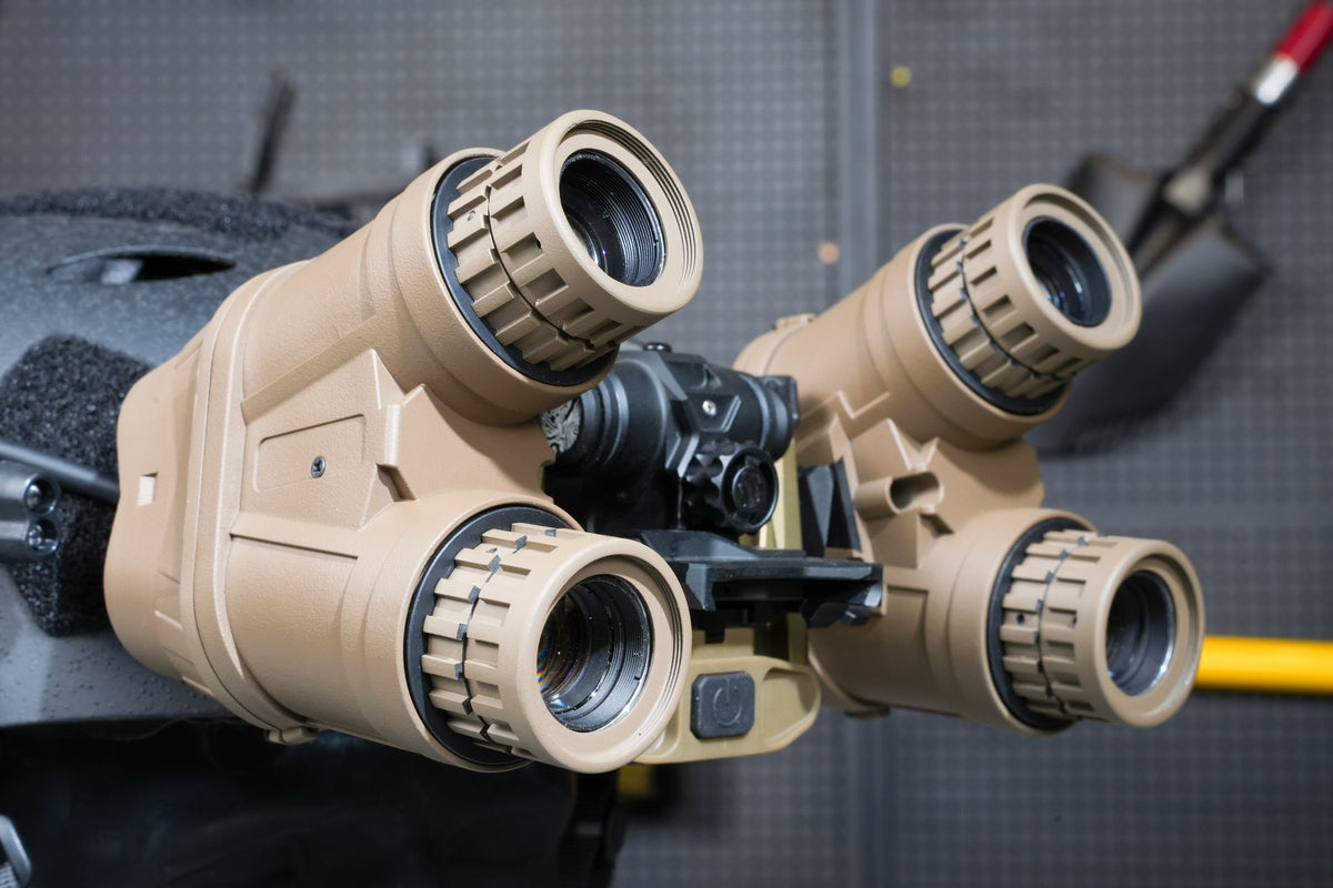 Kaelor KPNVG-18 metal articulating bridge and folded optical pods, angled helmet view