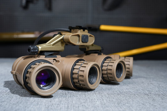 Tan Kaelor KPNVG-18 LAN18 articulating quad-tube night vision with metal bridge, angled front view