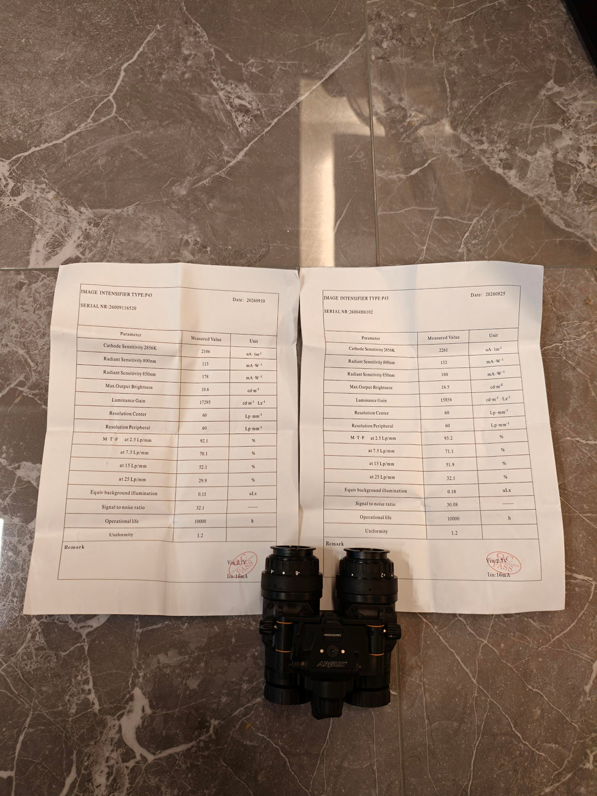 ARGUS BNVD 1431 NNVT Gen 3 green phosphor night vision binocular with two tube specification sheets