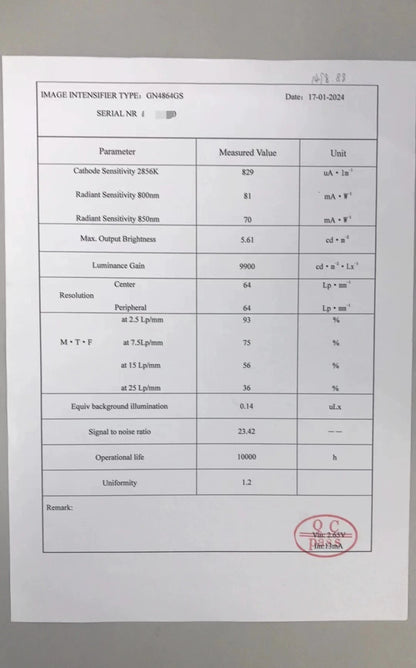 Yaksa-14 NNVT4 GEN2+ Green Phosphor Monocular - image intensifier tube specification sheet